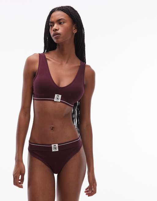 Tommy Hilfiger crest stripe waistband scoop back bralet in burgundy, 3 of 4