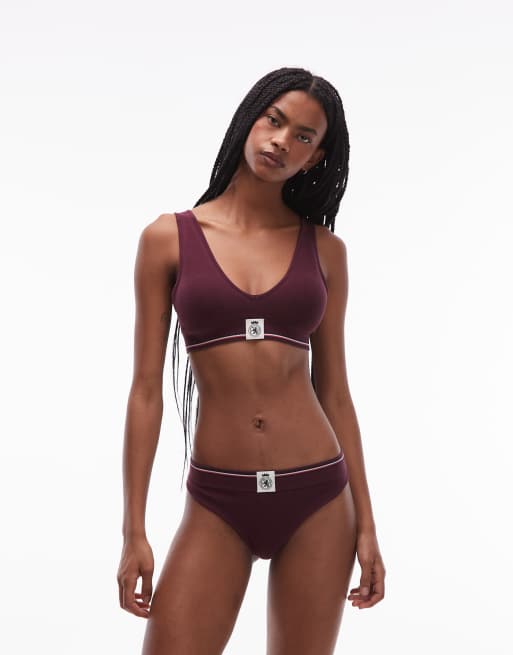 Tommy Hilfiger crest striped waistband thong in burgundy, 3 of 4