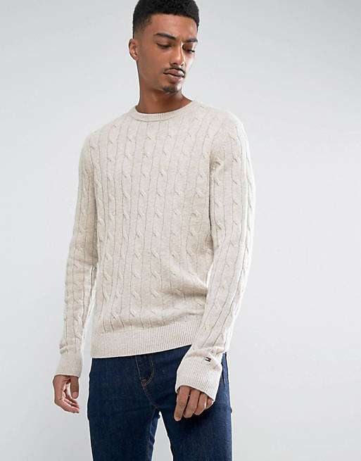 Tommy Hilfiger Crew Neck Cable Knit Jumper in Cream | ASOS