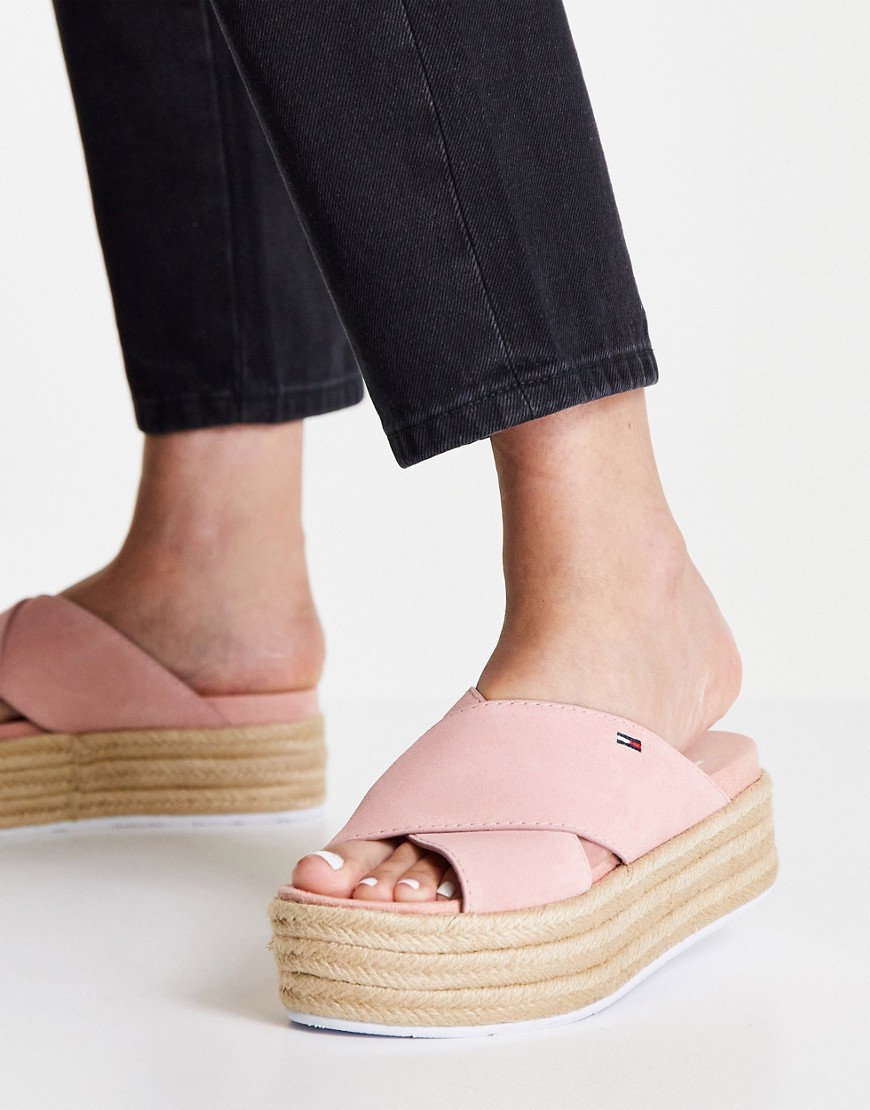 Tommy Hilfiger criss cross mule flatform sandals in peach-Pink