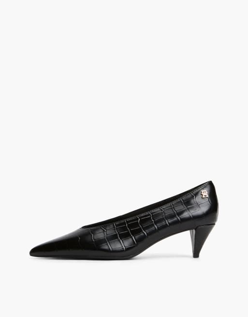 Tommy Hilfiger Croco embossed leather pointed toe heels in black, 7 of 7