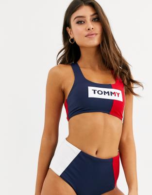 Tommy Hilfiger crop bikini top in navy colour block-Multi