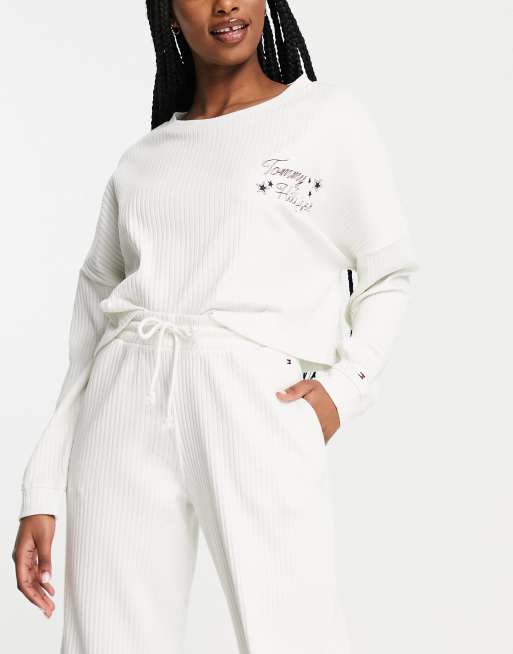 Tommy Hilfiger - Crop top in morbido misto cotone a coste color avorio con logo - IVORY