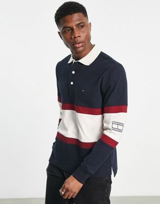 Tommy Hilfiger cross chest block stripe rugby polo in navy