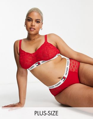 Tommy Hilfiger Curve 85 Star Lace nylon blend unlined triangle bralette in red