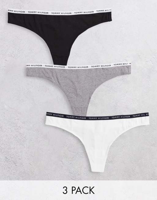 Tommy Hilfiger Curve cotton logo lingerie thong 3-pack in black/white/grey  - MULTI