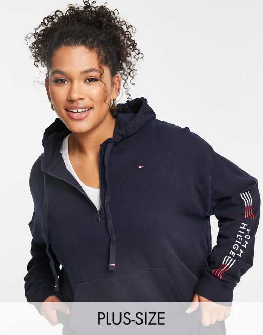 Tommy Hilfiger Curve Flex cotton blend hoodie with logo detail in navy NAVY