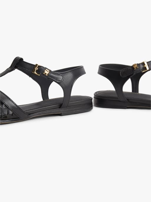 Tommy Hilfiger Cutout leather t-bar buckle sandals in black, 6 of 7