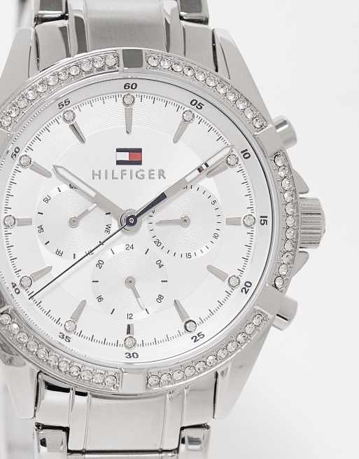 Tommy Hilfiger – Damski zegarek na bransolecie w kolorze srebrnym z bezelem zdobionym kryształkami, 1782557