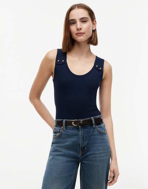 Tommy Hilfiger - Débardeur côtelé à boutons dorés - Bleu multicolore