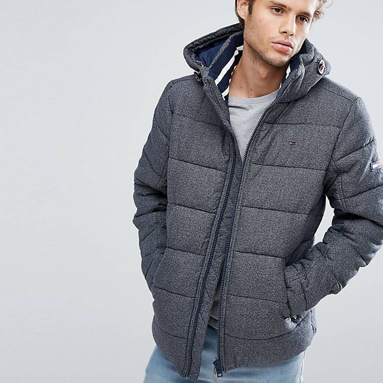 loop arbejder Stolpe Tommy Hilfiger Denim Down Puffer Jacket Detachable Hood in Textured Grey |  ASOS
