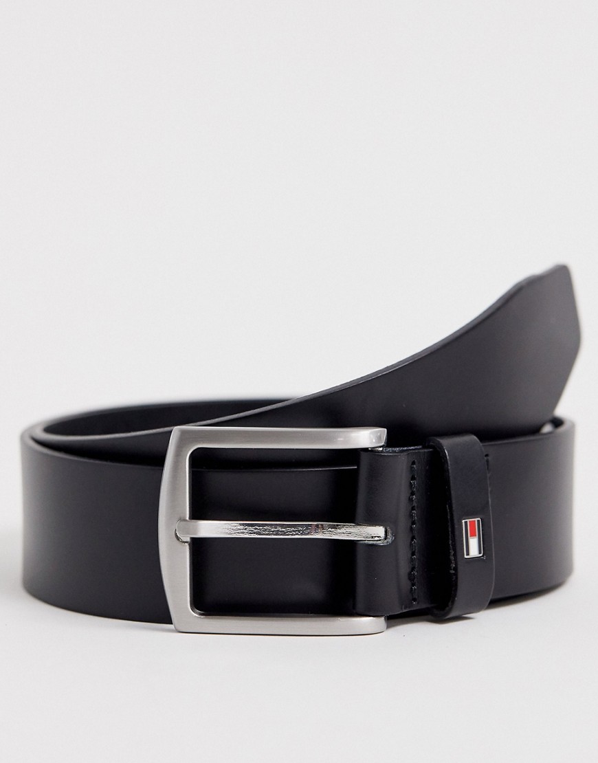 Tommy Hilfiger Denton flag logo leather belt in black