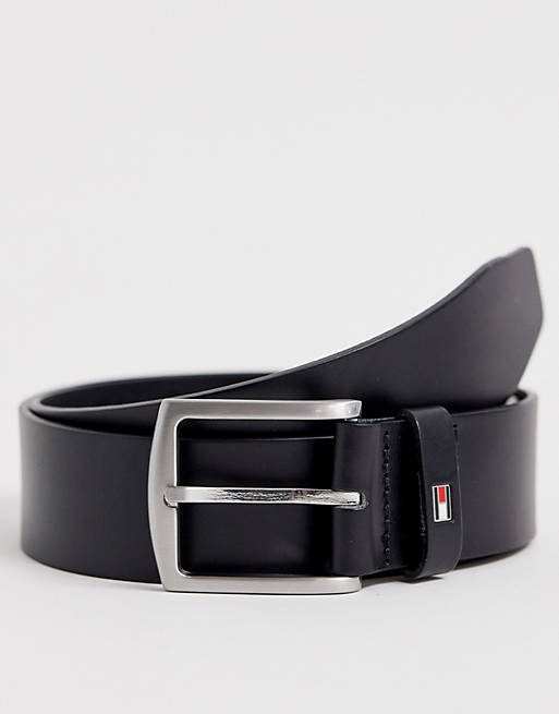 Tommy Hilfiger Denton flag logo leather belt in black | ASOS