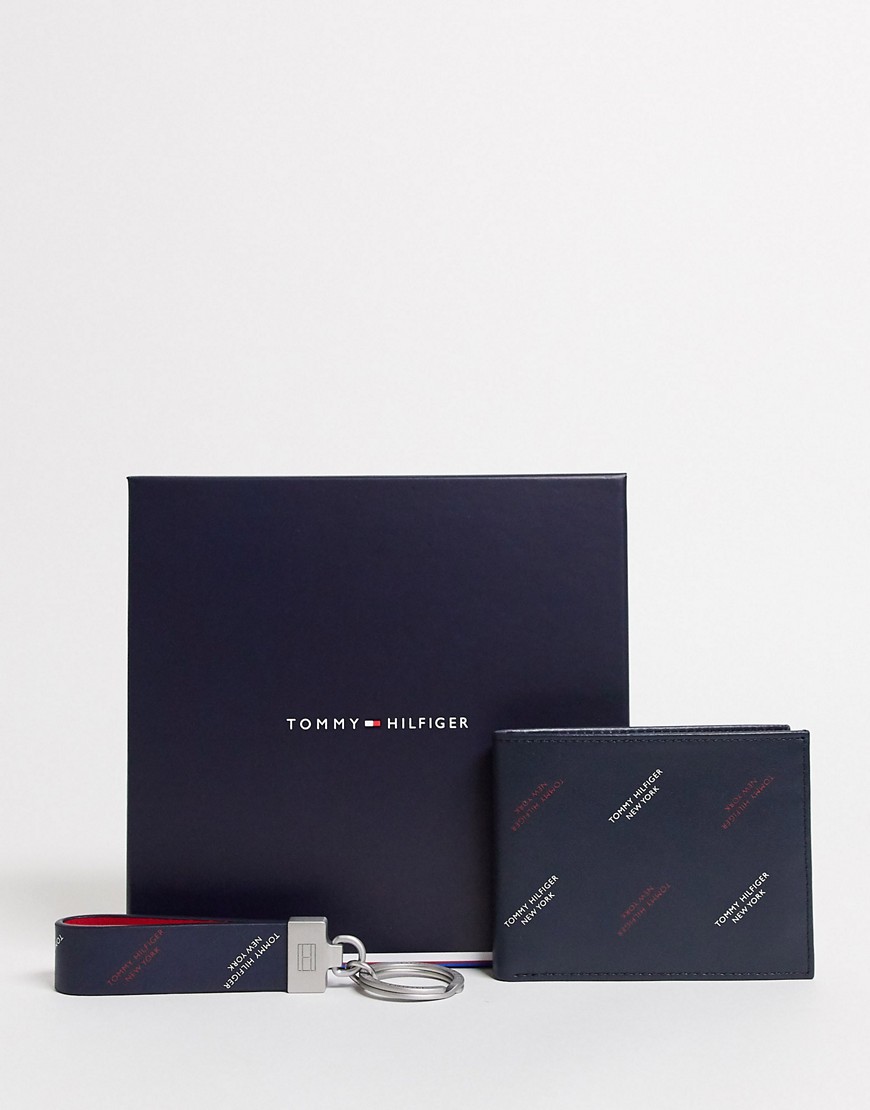 Tommy Hilfiger diagonal print wallet & key ring gift set-Navy