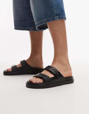 Tommy Hilfiger double strap pool slides in black