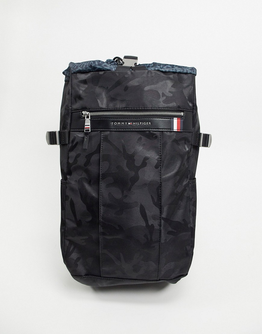 Tommy Hilfiger elevated nylon camoflage drawstring backpack in black