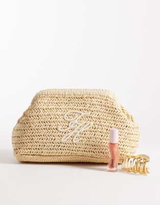 Tommy Hilfiger Script Monogram Raffia Clutch In Brown