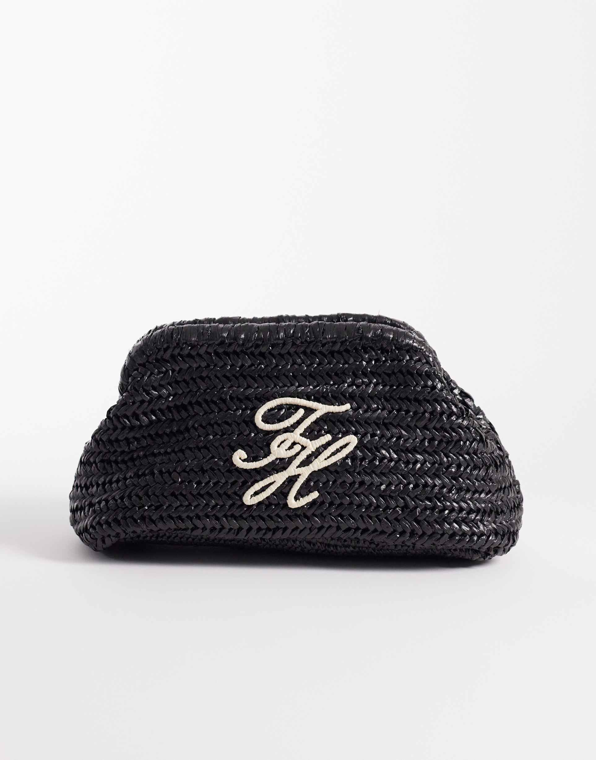 tommy hilfiger elevated raffia clutch bag in black