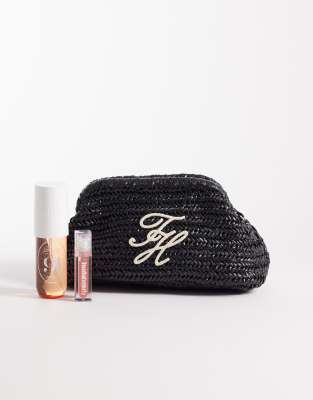 Tommy Hilfiger Script Monogram Raffia Clutch In Black