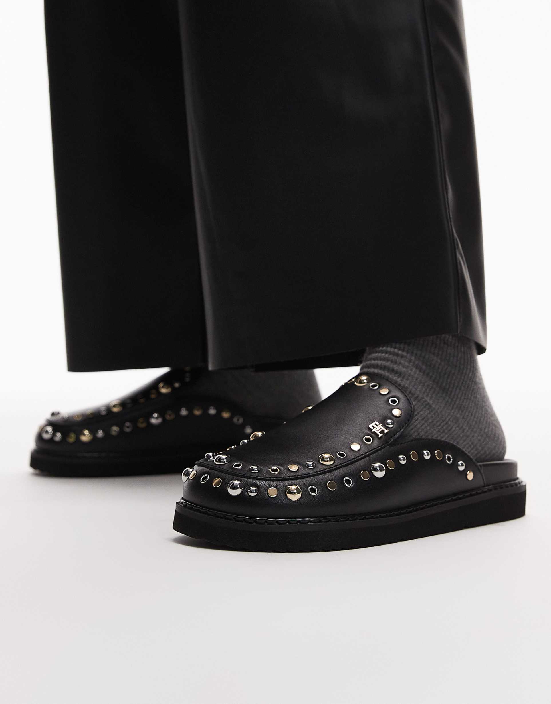 tommy hilfiger embellished stud detailing mules in black