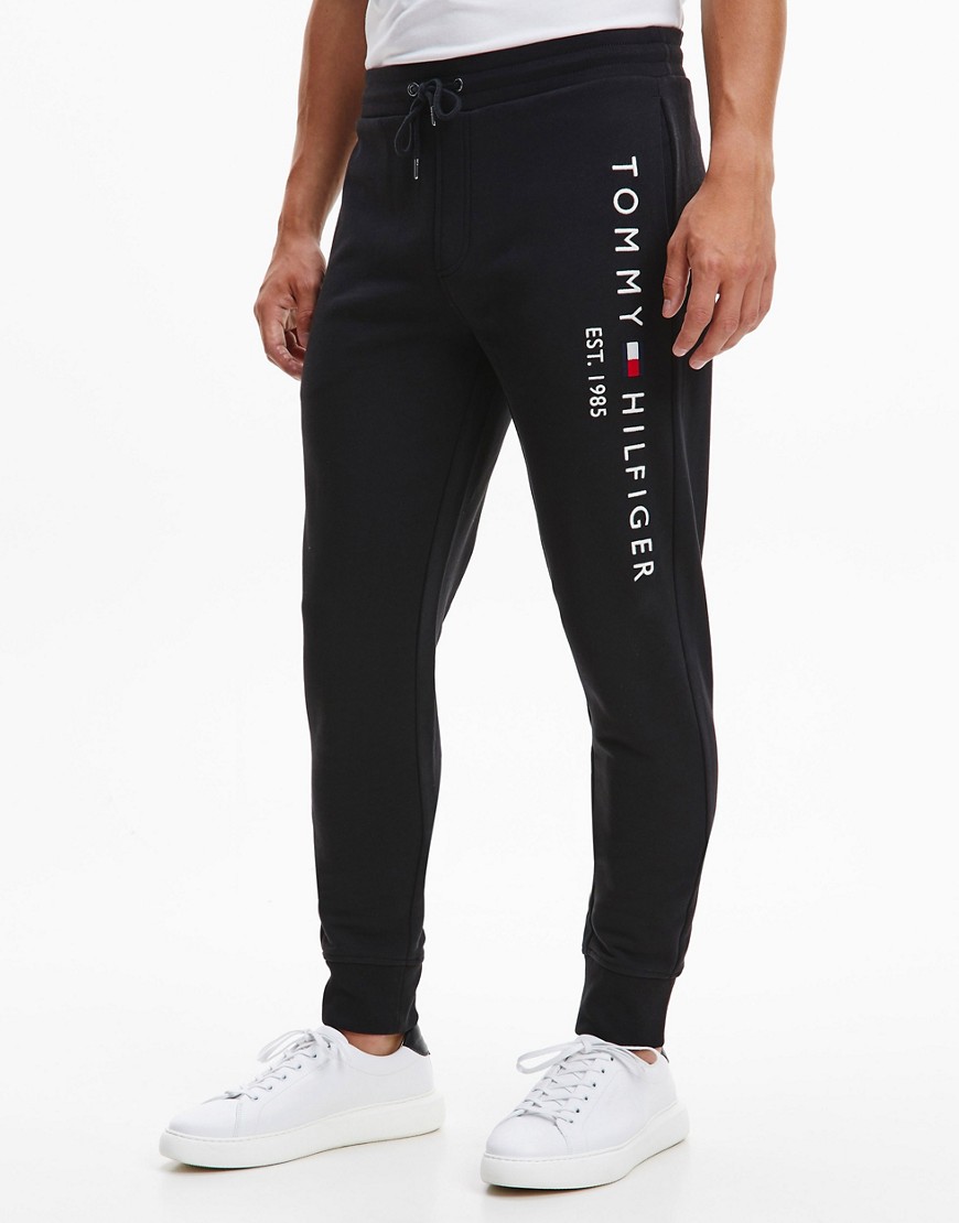 Tommy Hilfiger embroidered flag logo cuffed joggers in black