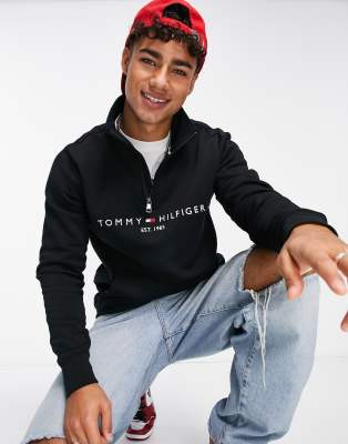Tommy Hilfiger embroidered flag logo half zip sweatshirt in black - view 1