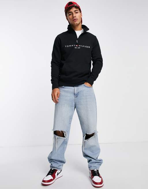 Perennial Hård ring Gå tilbage Tommy Hilfiger embroidered flag logo half zip sweatshirt in black | ASOS