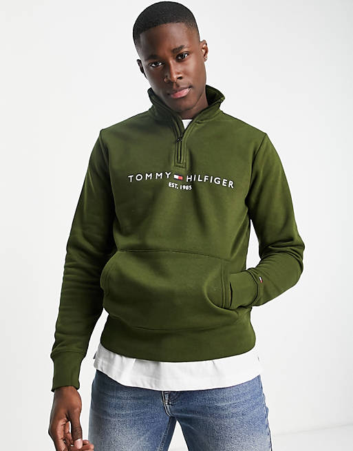 Tommy Hilfiger embroidered flag logo half zip sweatshirt in green | ASOS