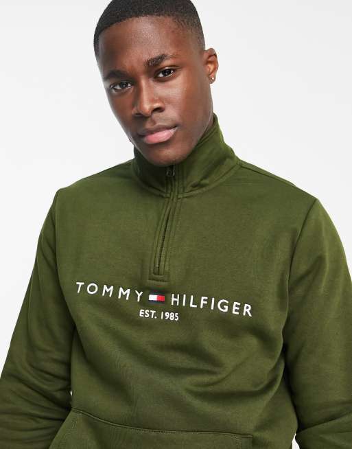 TOMMY HILFIGER men's Embroidered Tommy Logo Fleece Quarter Zip Pullover  Sweatshirt, Khaki, S at  Men's Clothing store