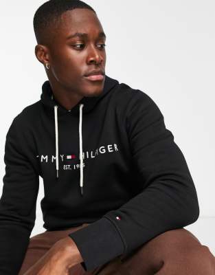 tommy hilfiger embroidered flag logo hoodie in black