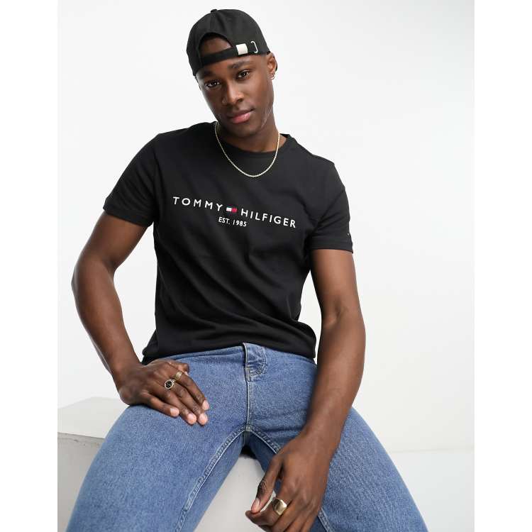 Tommy Hilfiger embroidered flag logo t shirt in black