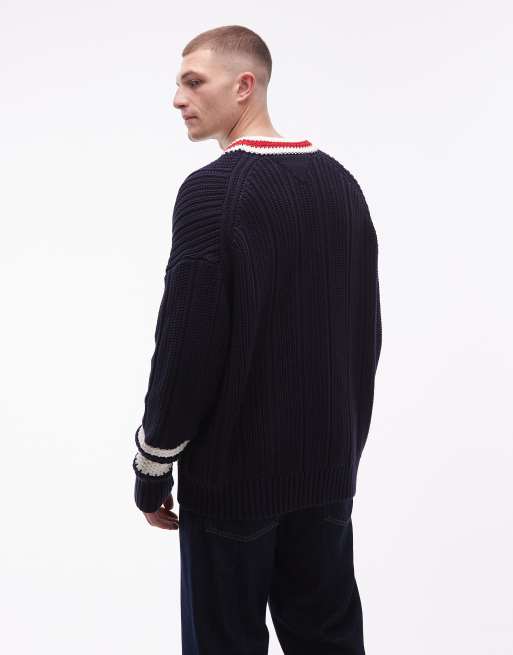 Tommy Hilfiger embroidered logo cardigan in navy and red, 2 of 5