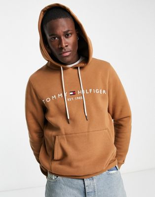 Tommy Hilfiger embroidered logo cotton blend hoodie in khaki tan