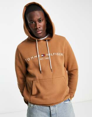 Tommy Hilfiger embroidered logo cotton blend hoodie in khaki tan