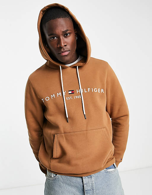 Tommy Hilfiger embroidered logo cotton blend hoodie in khaki tan | ASOS