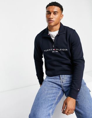 Tommy Hilfiger embroidered logo half zip sweatshirt in navy - ASOS Price Checker