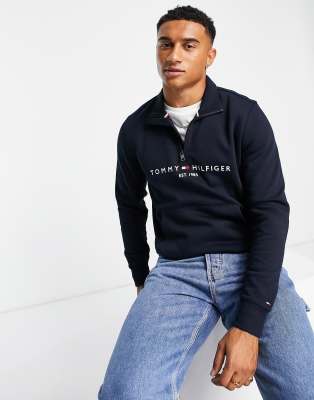 Tommy Hilfiger embroidered logo half zip sweatshirt in navy | ASOS