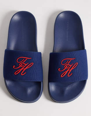 Tommy Hilfiger embroidered pool slides in blue-Navy