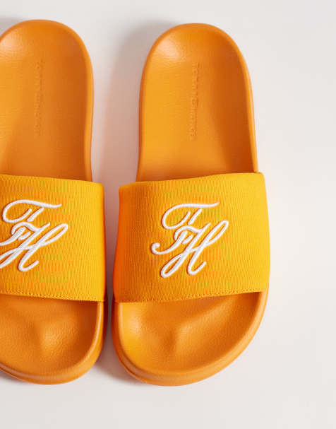 Tommy Hilfiger embroidered pool slides in orange - view 1