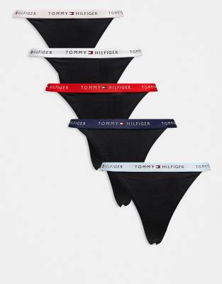 Tommy Hilfiger Essential Cotton 5 Pack Tanga Thongs In Black