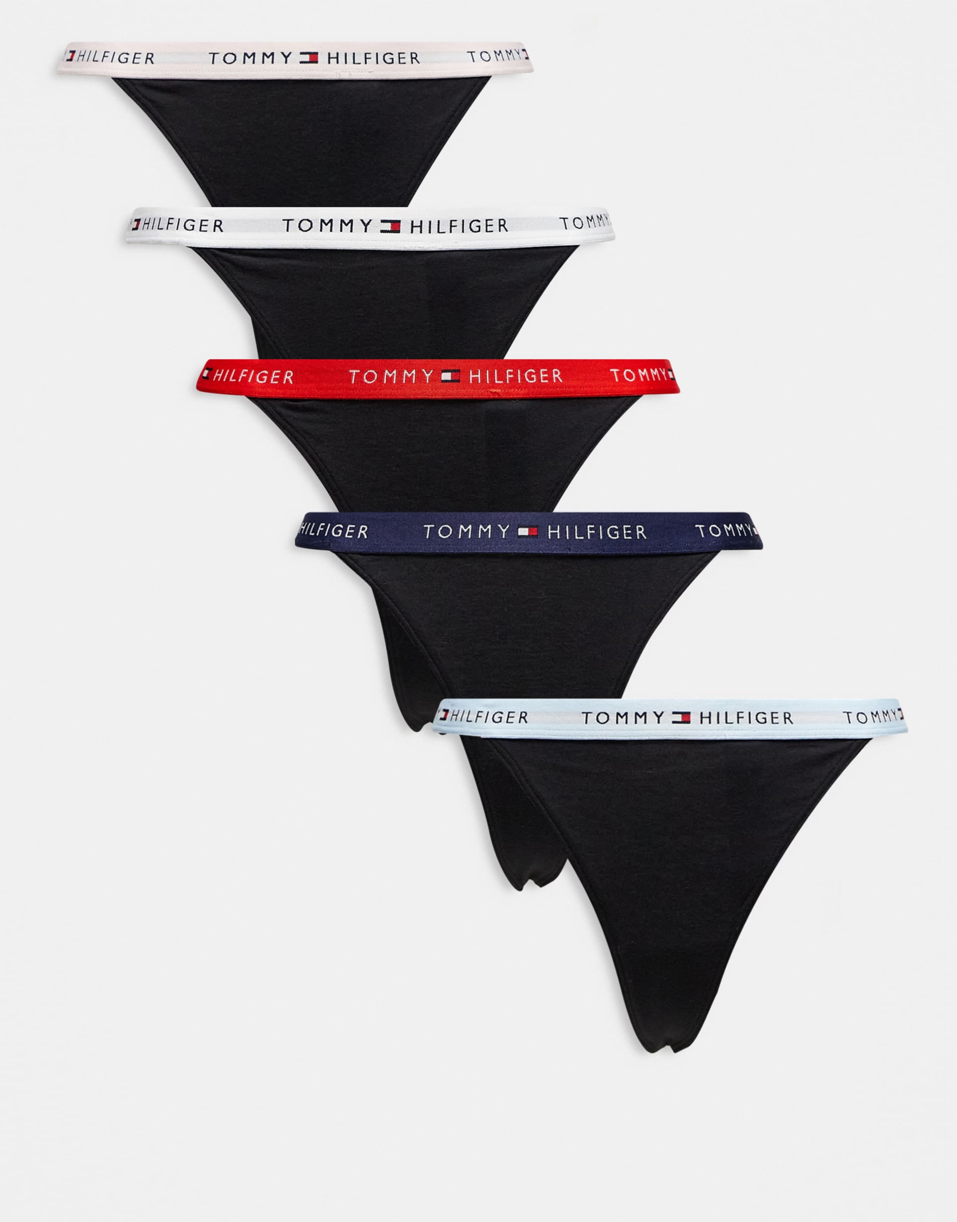 tommy hilfiger essential cotton 5 pack tanga thongs in black
