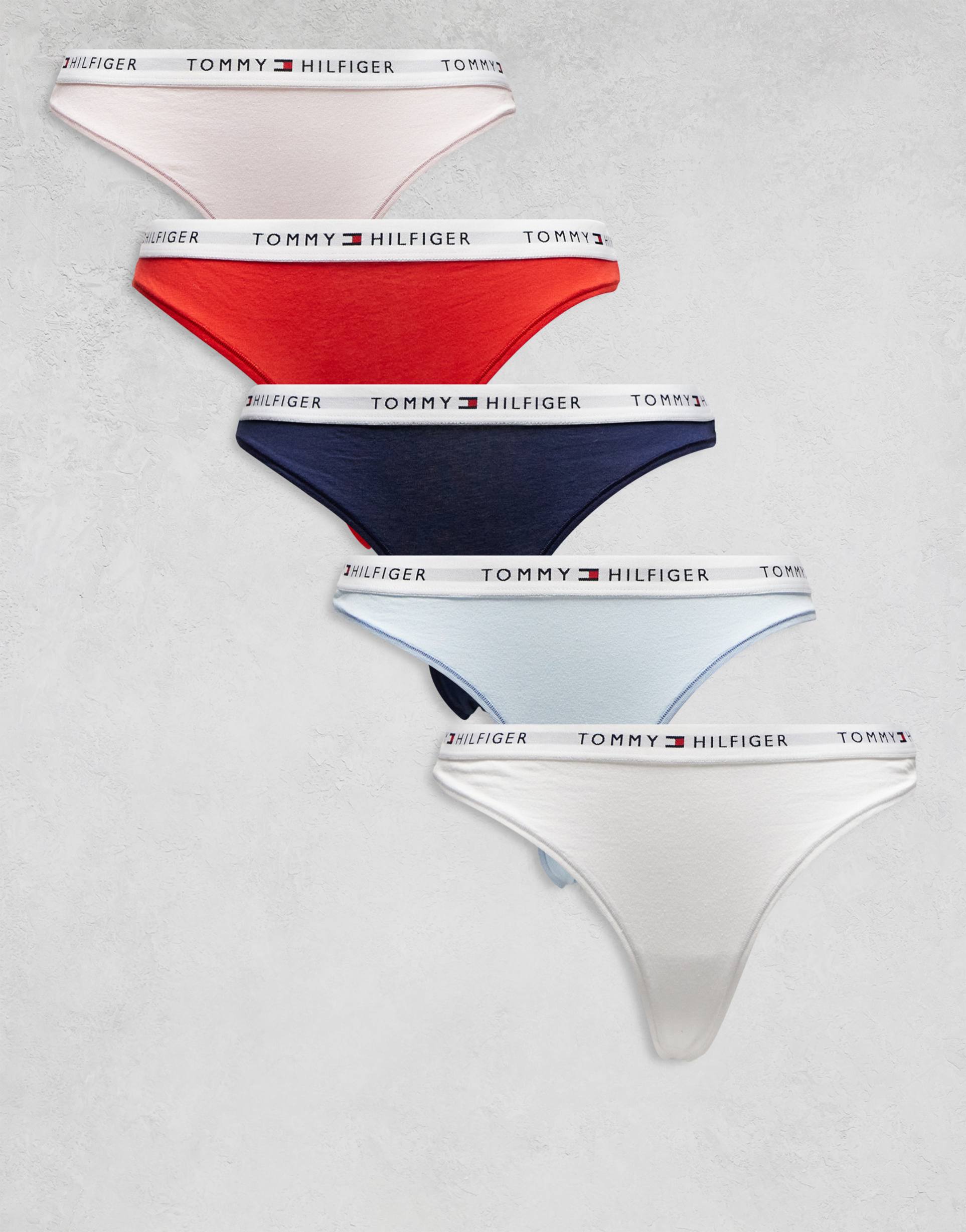 tommy hilfiger essential cotton 5 pack thongs in red/pink/blue