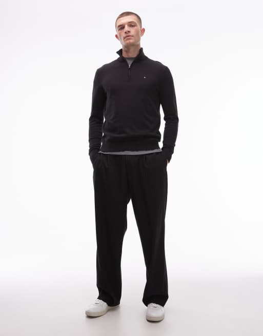 Tommy Hilfiger - Pull basique en coton avec col zippé - Noir