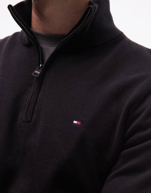 Tommy Hilfiger - Pull basique en coton avec col zippé - Noir
