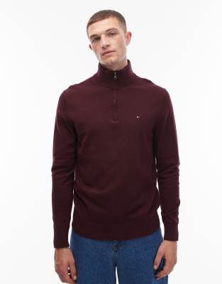 Tommy Hilfiger Essential Cotton Half Zip Sweater In Burgundy