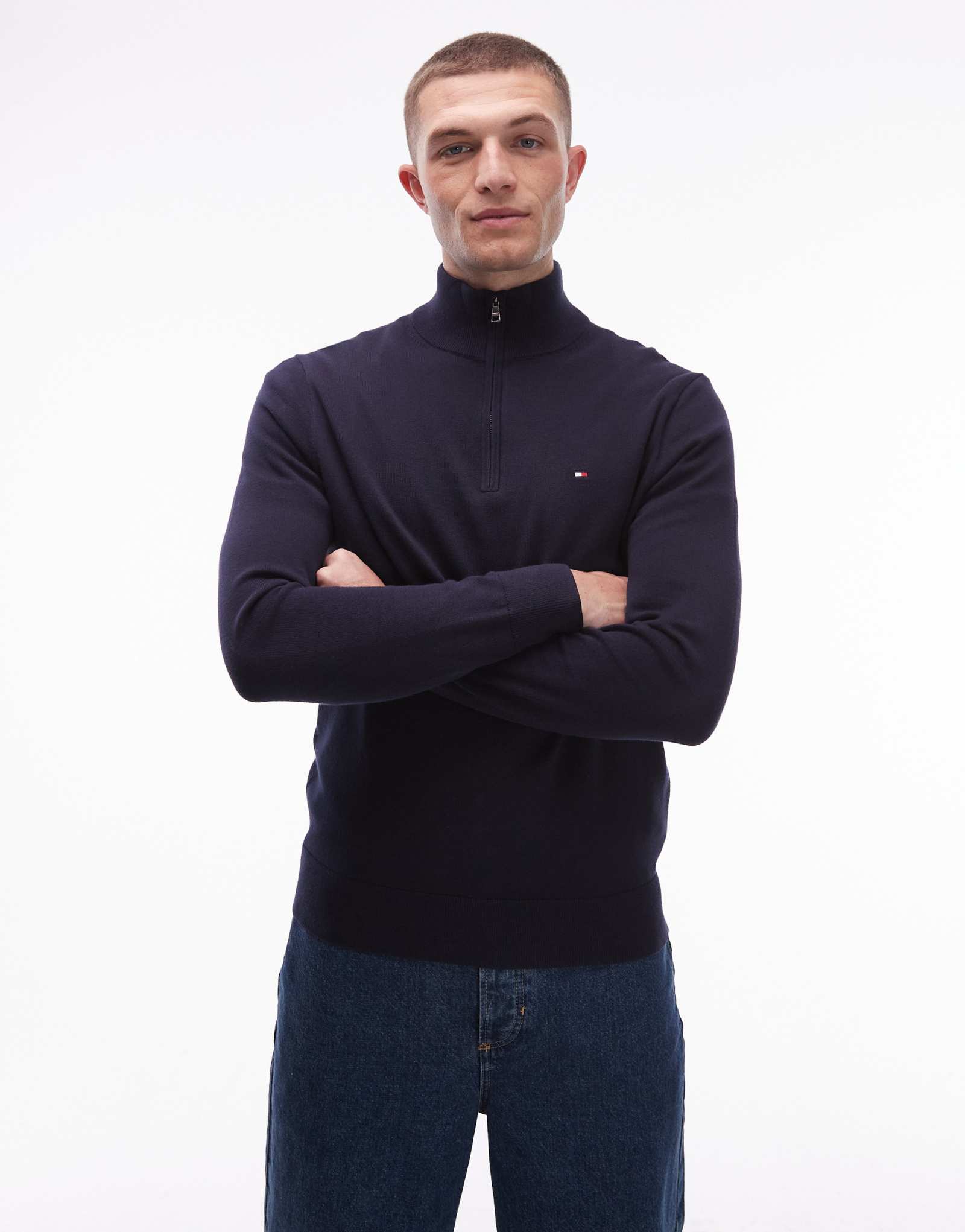 Темно-синий свитер Tommy Hilfiger essential из хлопка на молнии до половины длины