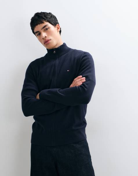 Tommy Hilfiger Essential cotton zip through knitted jumper in navy - view 1