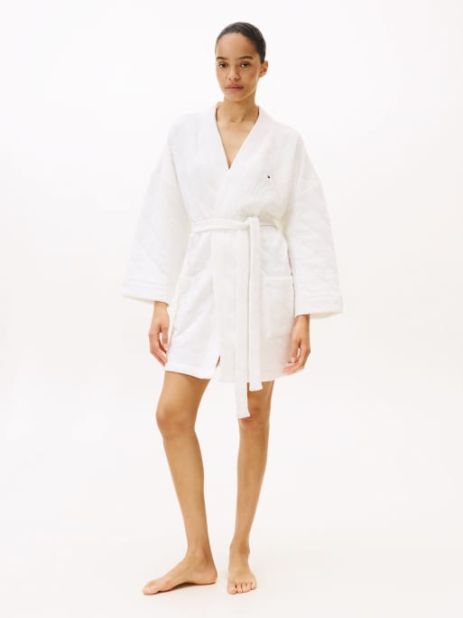 Tommy Hilfiger – Essential – Gesteppter Bademantel aus Jacquard-Jersey in Weiß