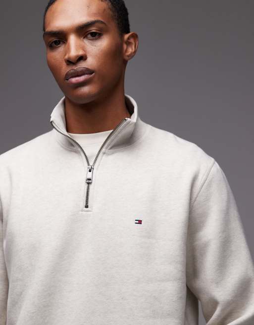 Tommy Hilfiger essential logo 1/4 zip fleece sweatshirt in oat ASOS