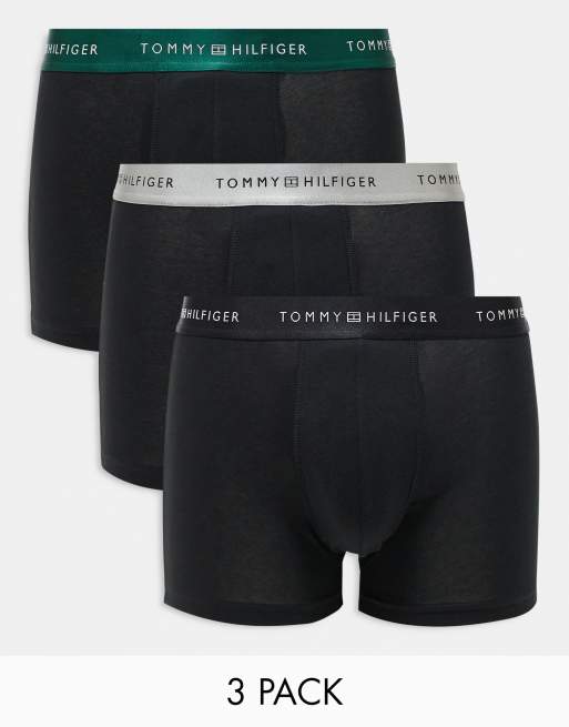 Tommy Hilfiger Essential – Zestaw 3 par czarnych bokserek z taśmą w talii w kolorach zielonym, szarym i czarnym z logo